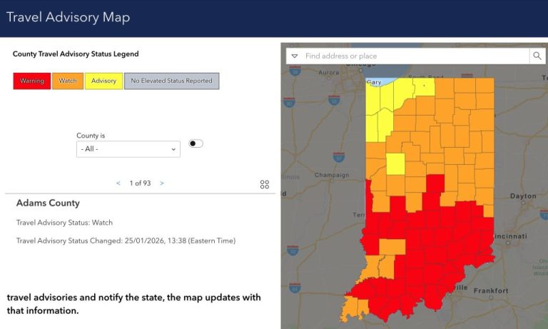 40 Indiana Counties Under Red-Level Travel Warning as Snowstorm Intensifies