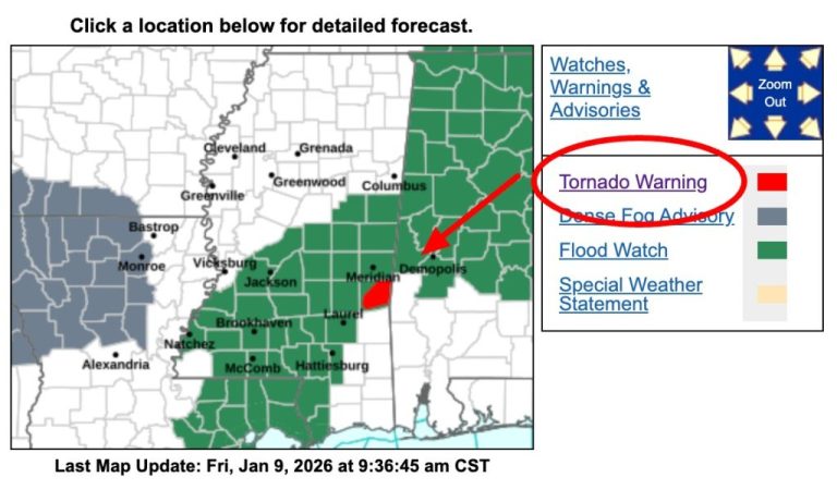 Tornado Warnings Issued near Meridian, Mississippi as Rotation Continues