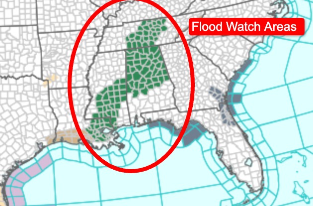 Flood Watch Alert Issued For Tennessee, Alabama, Mississippi, and Louisiana