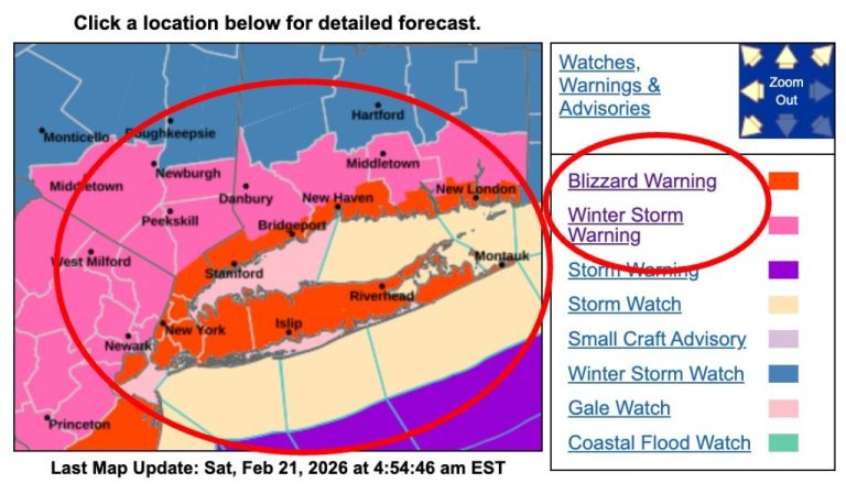 Heavy Snow and Blizzard Warnings Issued for New York and Connecticut