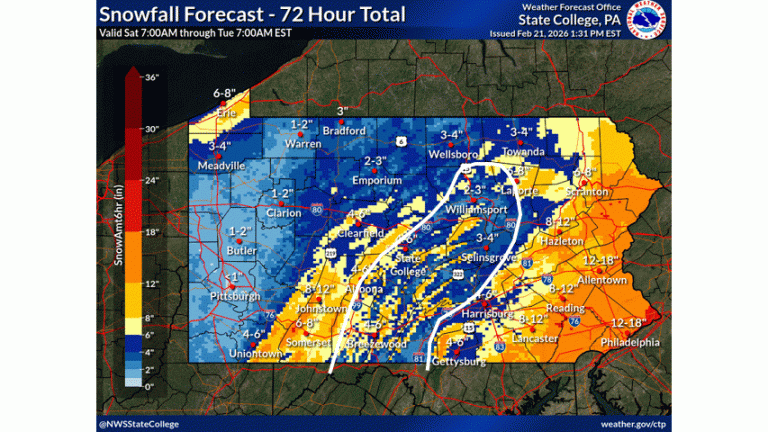 Heavy Snowstorm Warning Issued for 27 Counties in Pennsylvania as Conditions Worsen