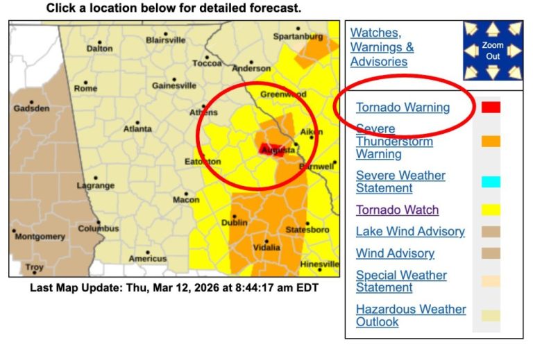 Tornado Watch and Warnings in Effect for Parts of Georgia and S. Carolina, Latest Augusta Update
