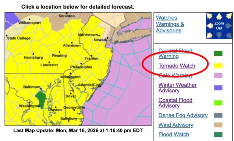 Tornado Watch in Effect for Large Portions of Pennsylvania, NJ, and Maryland