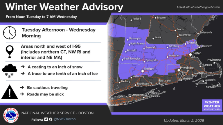 Winter Weather Advisory Issued for 12 Counties in Massachusetts and Connecticut