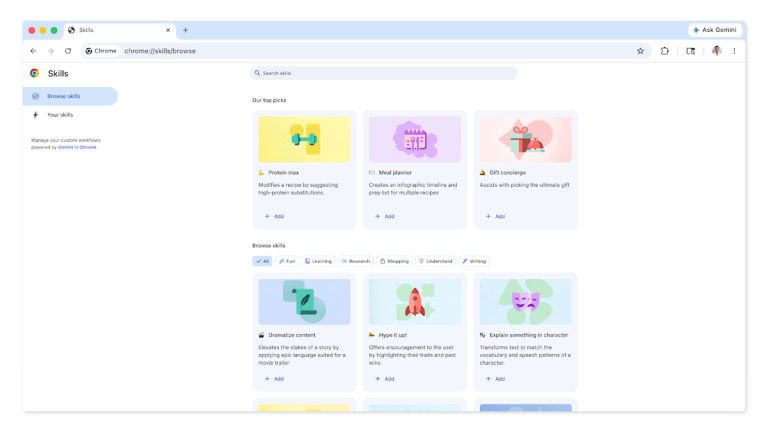 Chrome Skills let you save your favorite Gemini prompts for easy access